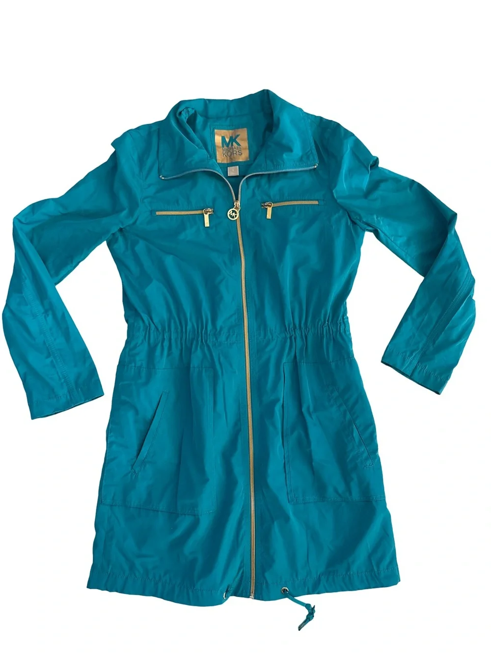 Michael Kors Teal Trench Coat with Gold-Tone Zippers